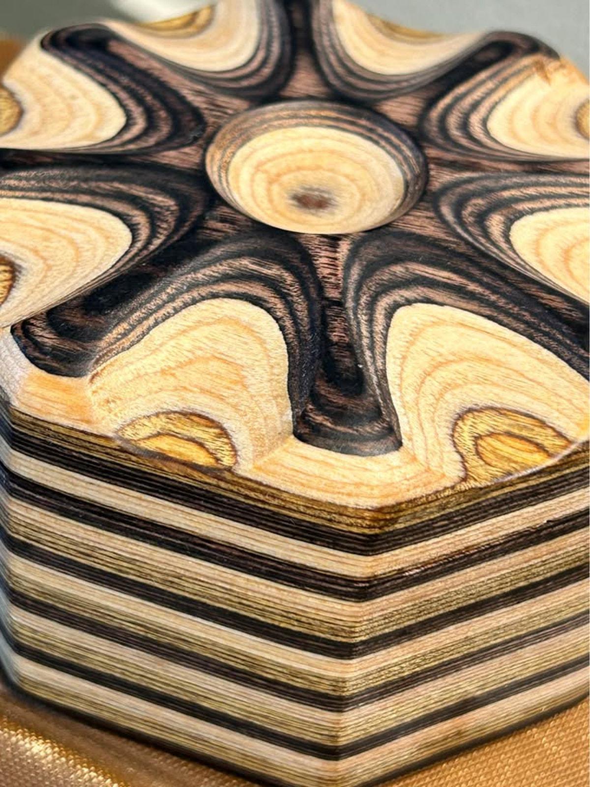Artisan Carved Layered Wood Hexagonal Trinket Box with Magnetic Lid