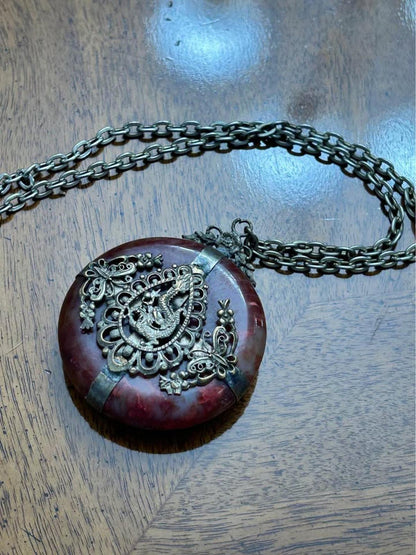 Vintage Chinese Export Carnelian Disc Dragon Pendant Necklace