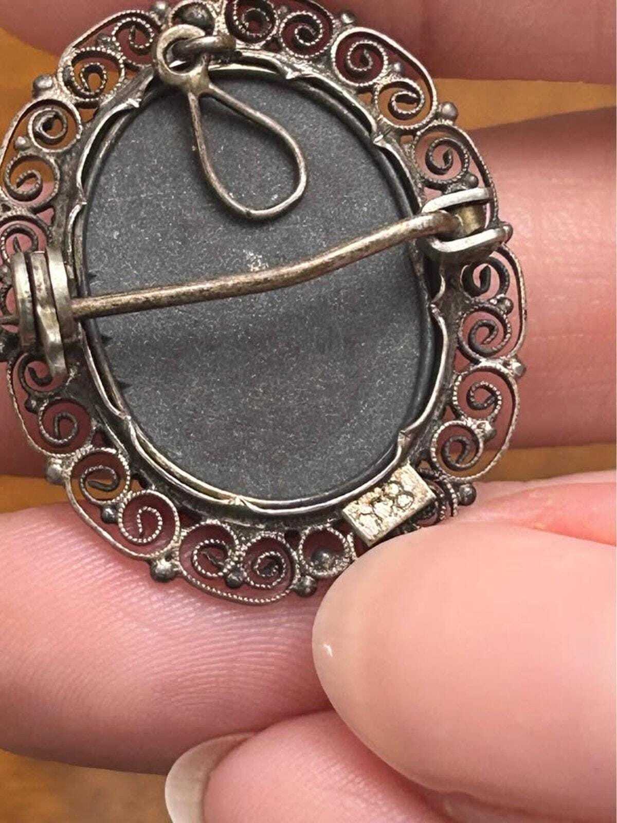 Vintage Italian 800 Silver Pietra Dura Style Floral Shell Inlay Brooch Pendant