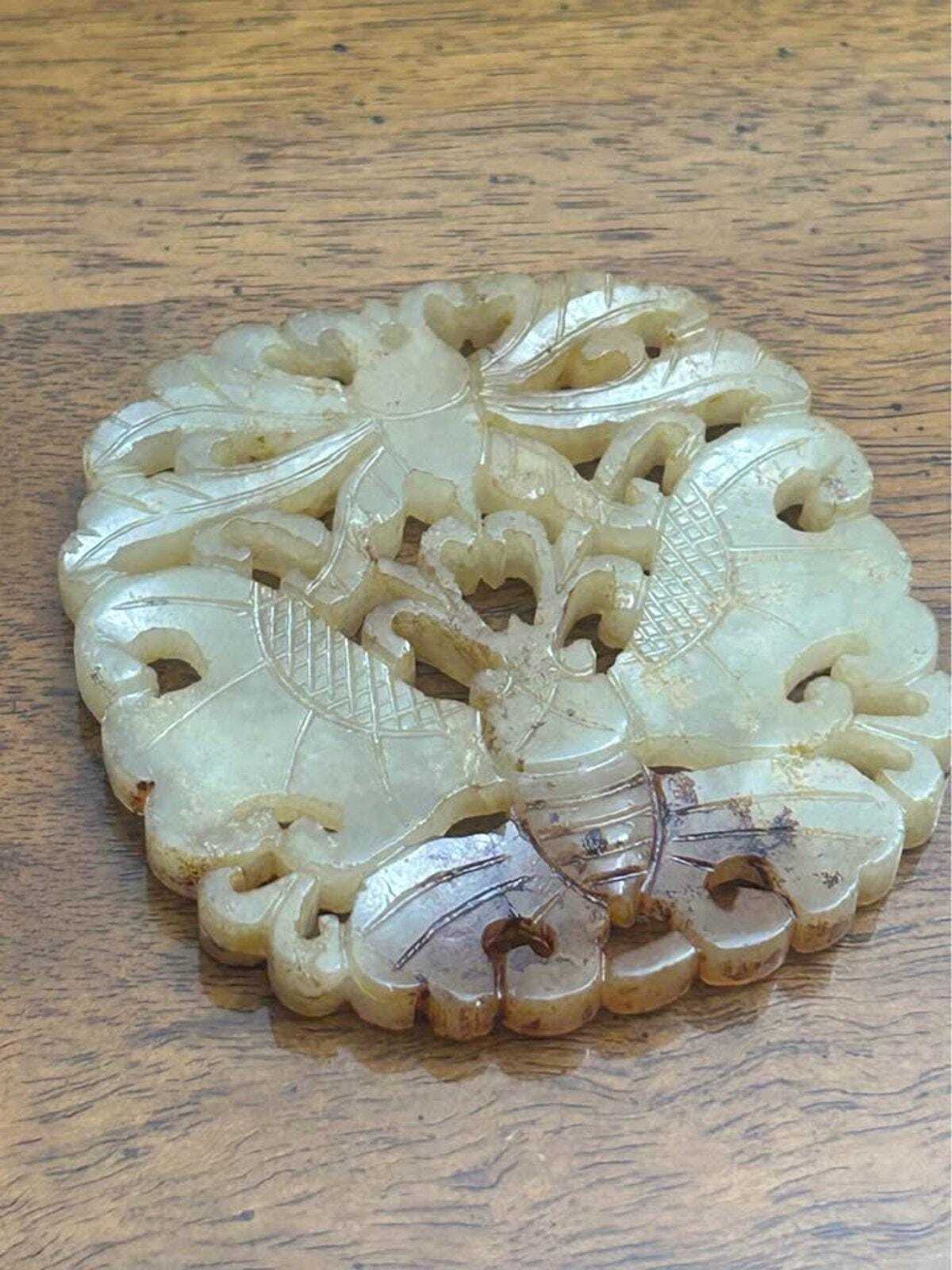 Vintage Chinese Carved Nephrite Jade Butterfly Medallion Plaque Russet Inclusions