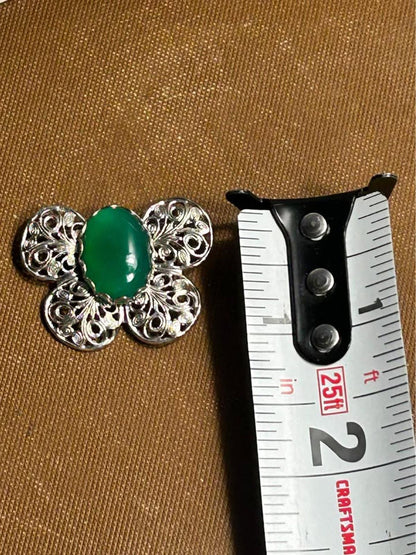 Mid-Century Vintage Silver-Tone Filigree Butterfly Brooch with Vibrant Green Glass Cabochon