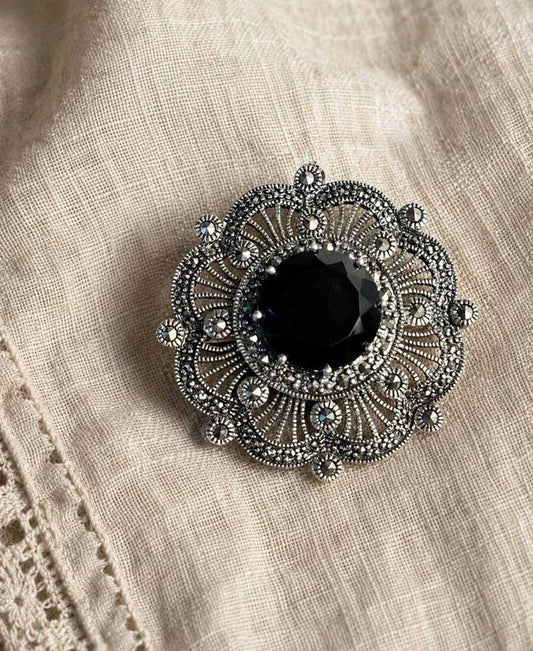 Vintage 925 Sterling Silver Marcasite & Smoky Quartz Convertible Brooch Pendant