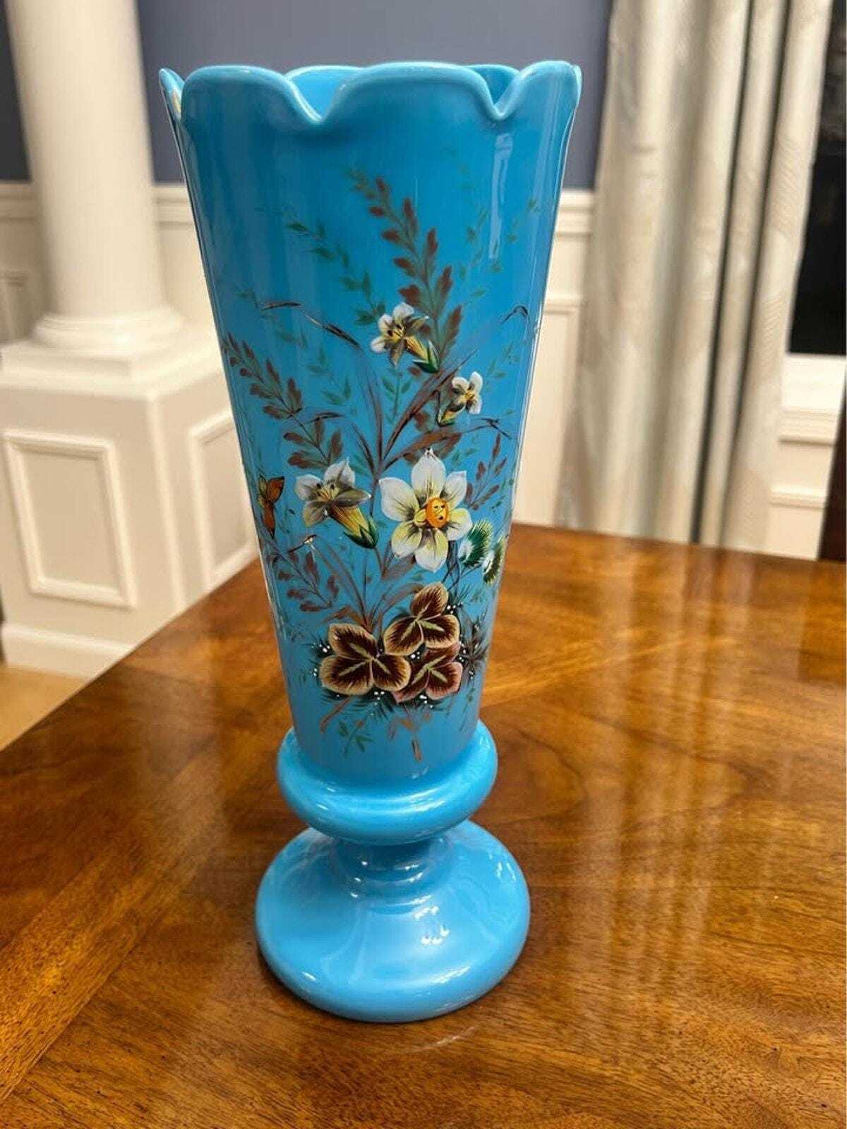 Antique Victorian Bristol Blue Glass Hand-Painted Enamel Floral Vase