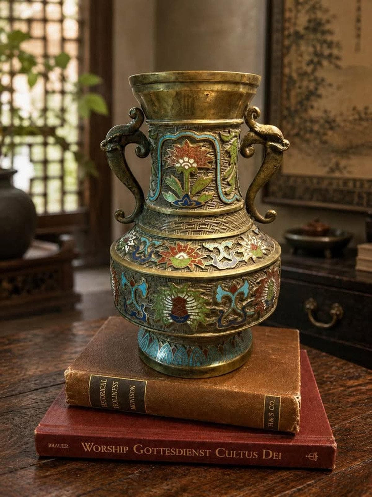 Antique Japanese Champleve Enamel Brass Vase