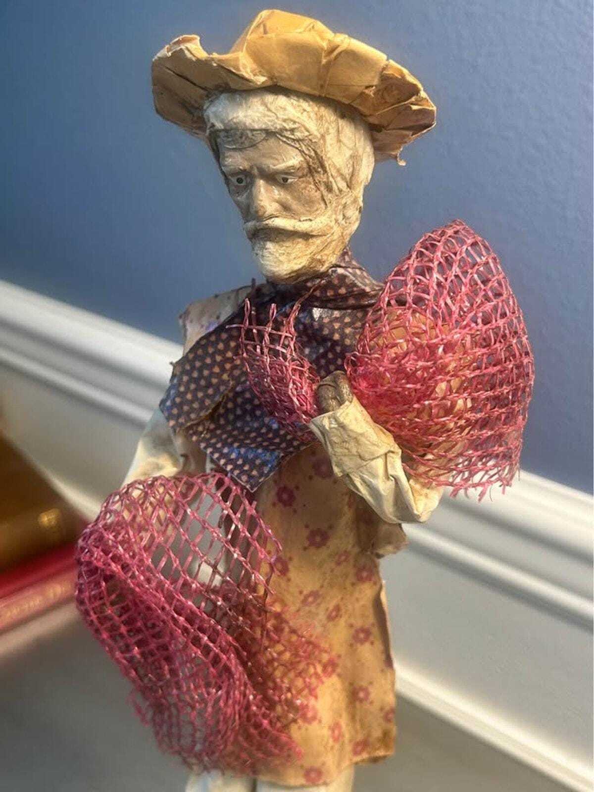 Vintage Mexican Folk Art Set - 16.5" Fisherman & 11.5" Woman - Large Mid-Century Cartonería Paper Ma