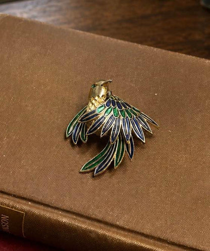 Vintage Sphinx London Bird Brooch, Gold Tone Blue & Green Enamel Pin, Numbered A2597