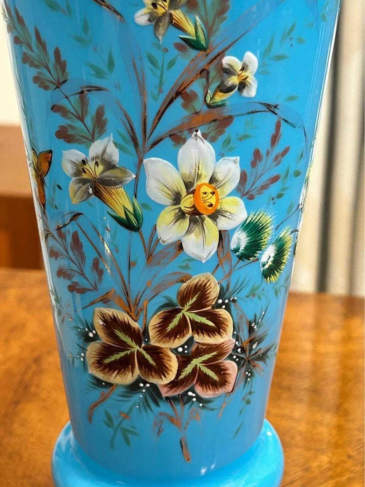 Antique Victorian Bristol Blue Glass Hand-Painted Enamel Floral Vase