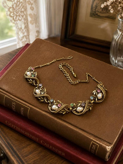 Unsigned Coro Book Piece Vine Choker Faux Pearl Pastel Rhinestone 1950s