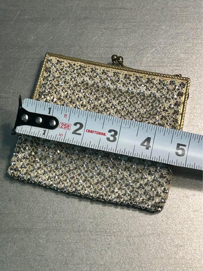Vintage Rhinestone Mesh Evening Bag Etched Gold Tone Frame Satin Lined Purse