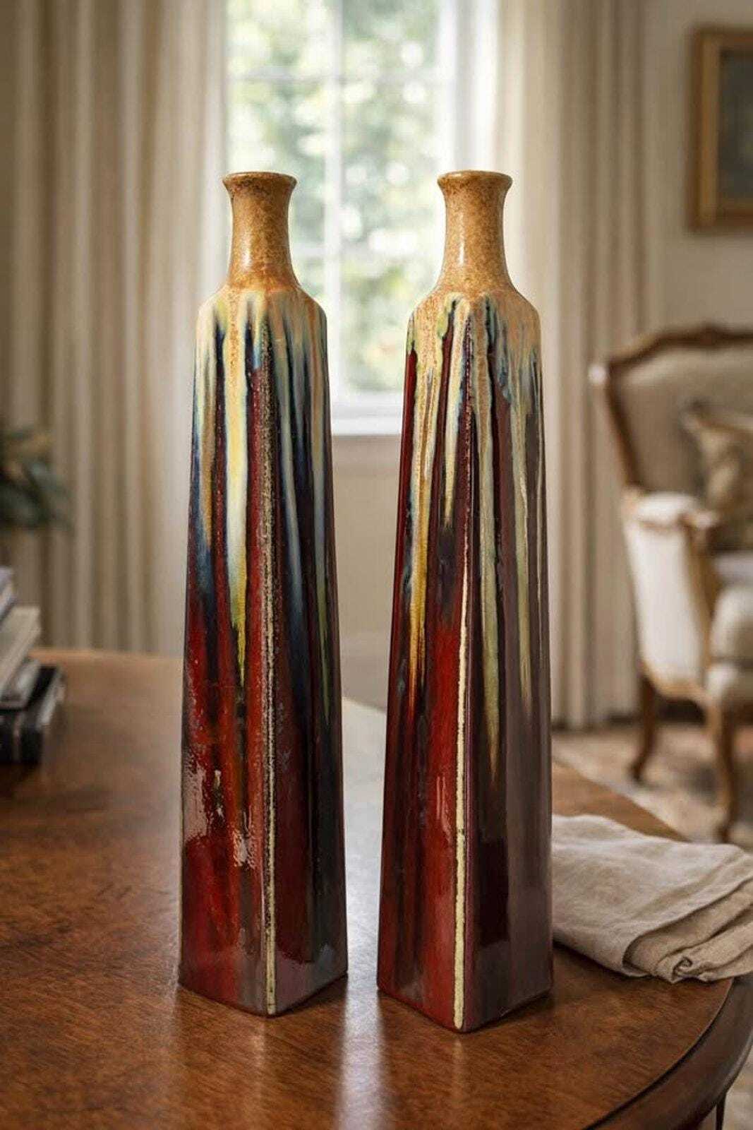 Pair of 19" Tall Vintage Studio Pottery Obelisk Vases