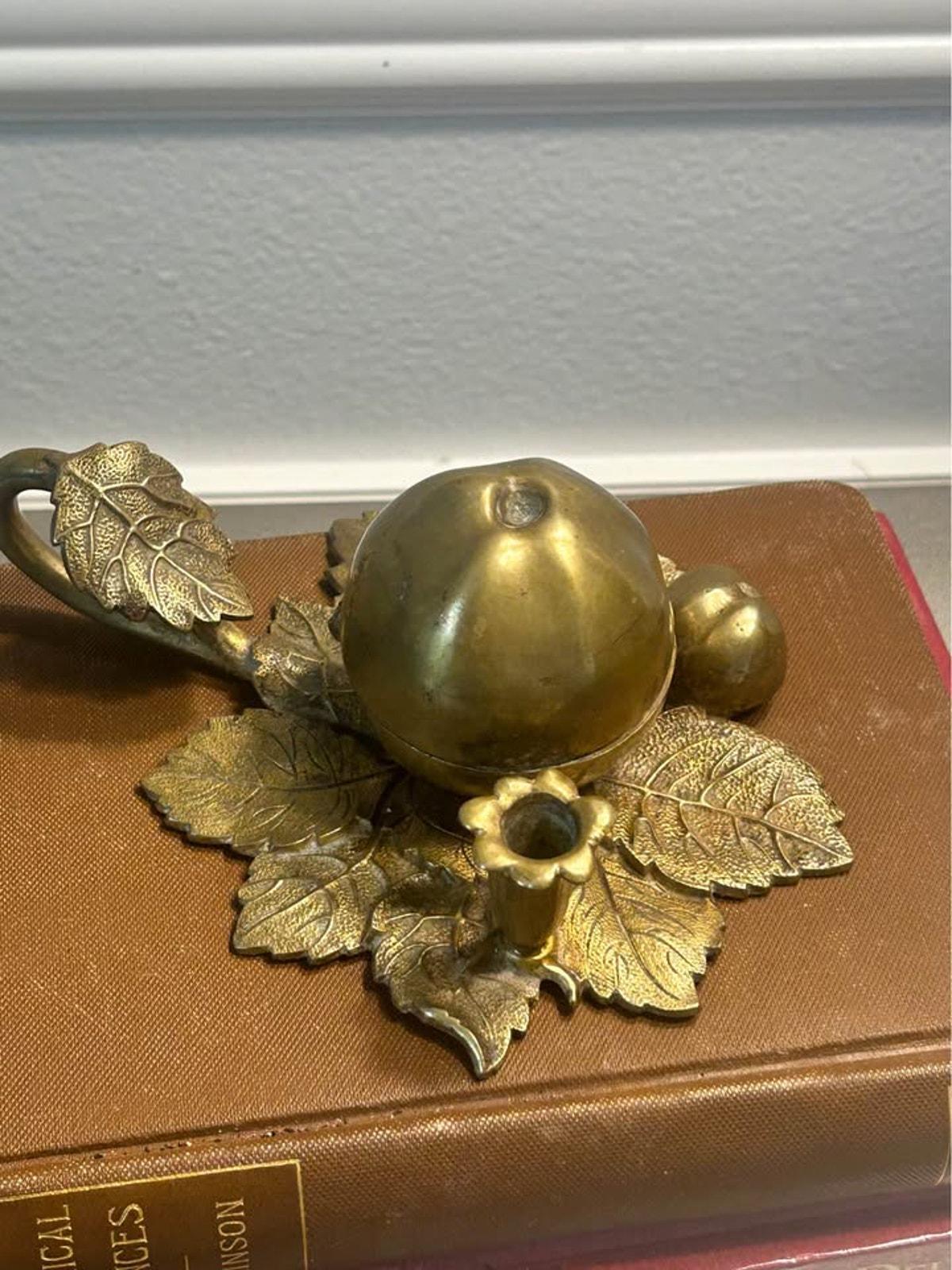 Antique Cast Brass Pomegranate Inkwell & Taper Candle Holder on Detailed Leaf Base