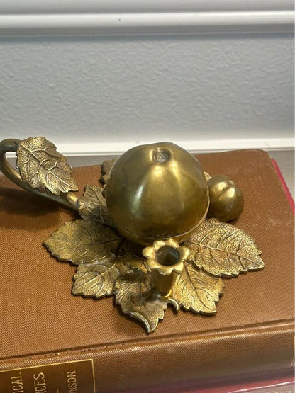 Antique Cast Brass Pomegranate Inkwell & Taper Candle Holder on Detailed Leaf Base