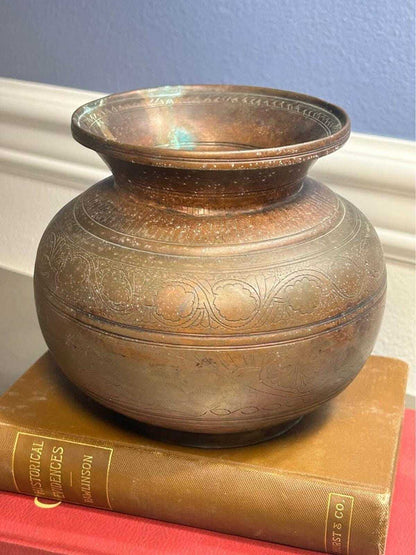 Vintage Hand-Engraved Indian Brass Lota Kalash Water Pot Etched Metal Vase