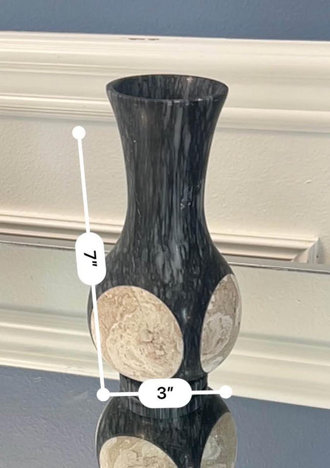 Vintage Black Marble Inlay Vase - Fossil Stone Circle Motif
