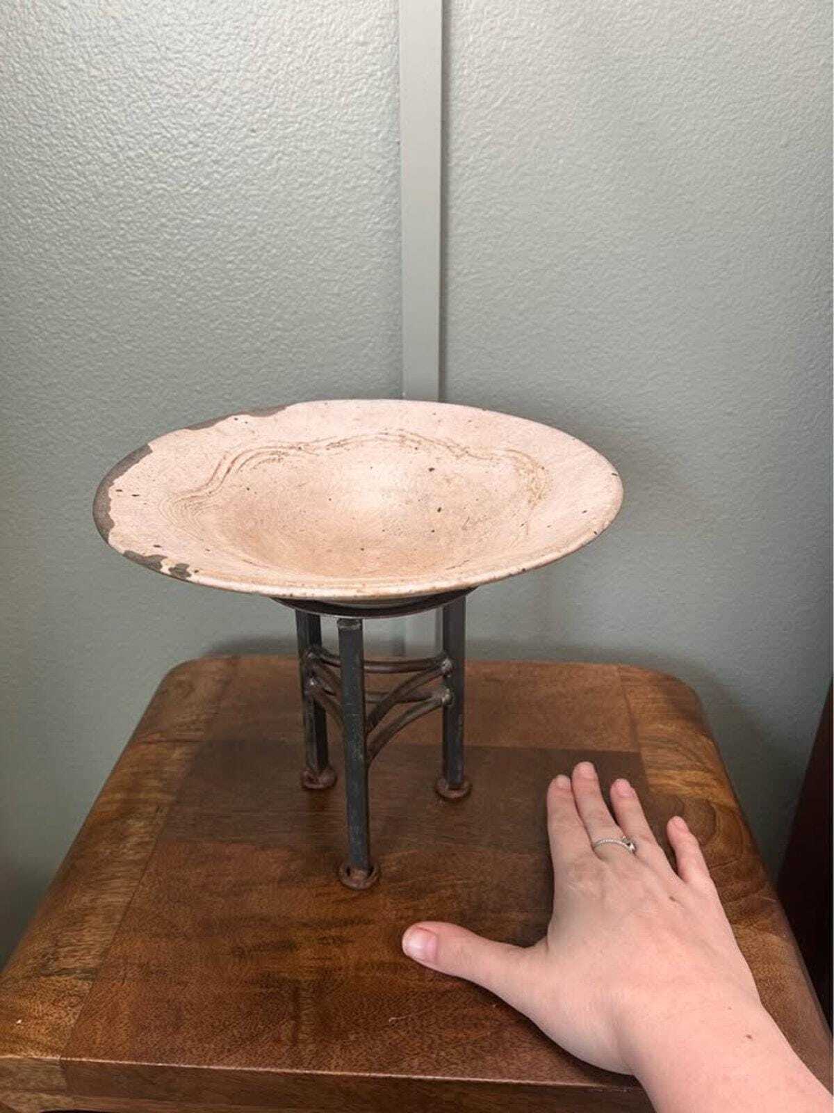 Signed Studio Pottery Bowl on Hand-Forged Iron Tripod Standard