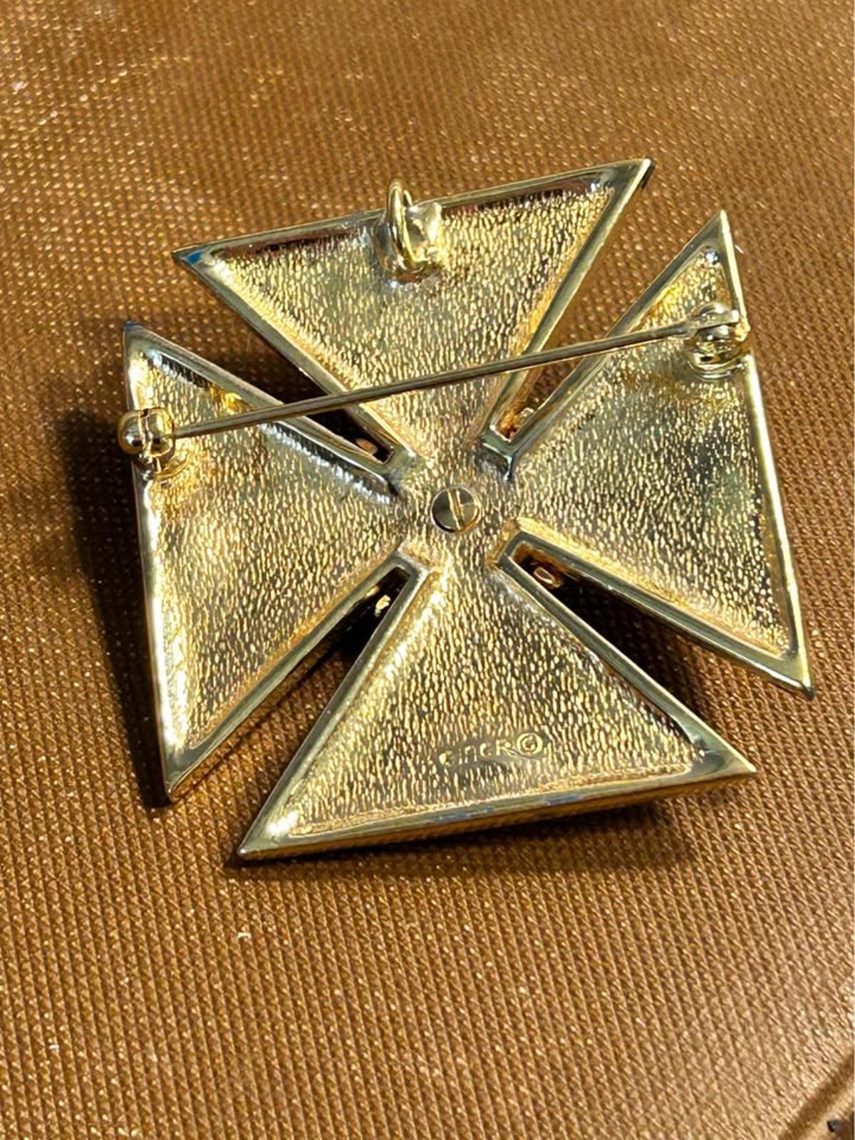 Ciner Vintage Blue and Green Enamel Maltese Cross Brooch and Pendant