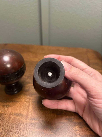 Vintage Mahogany Wood Sphere Finials – Carved Studded Detail, MCM Drapery Hardware