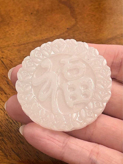 Vintage Chinese White Glass Fu Character Pendant Good Fortune Medallion