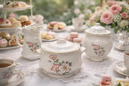 Vintage House of Webster Tea Set | Wild Rose Motif, Gold Gilt, Hand-Painted Pottery