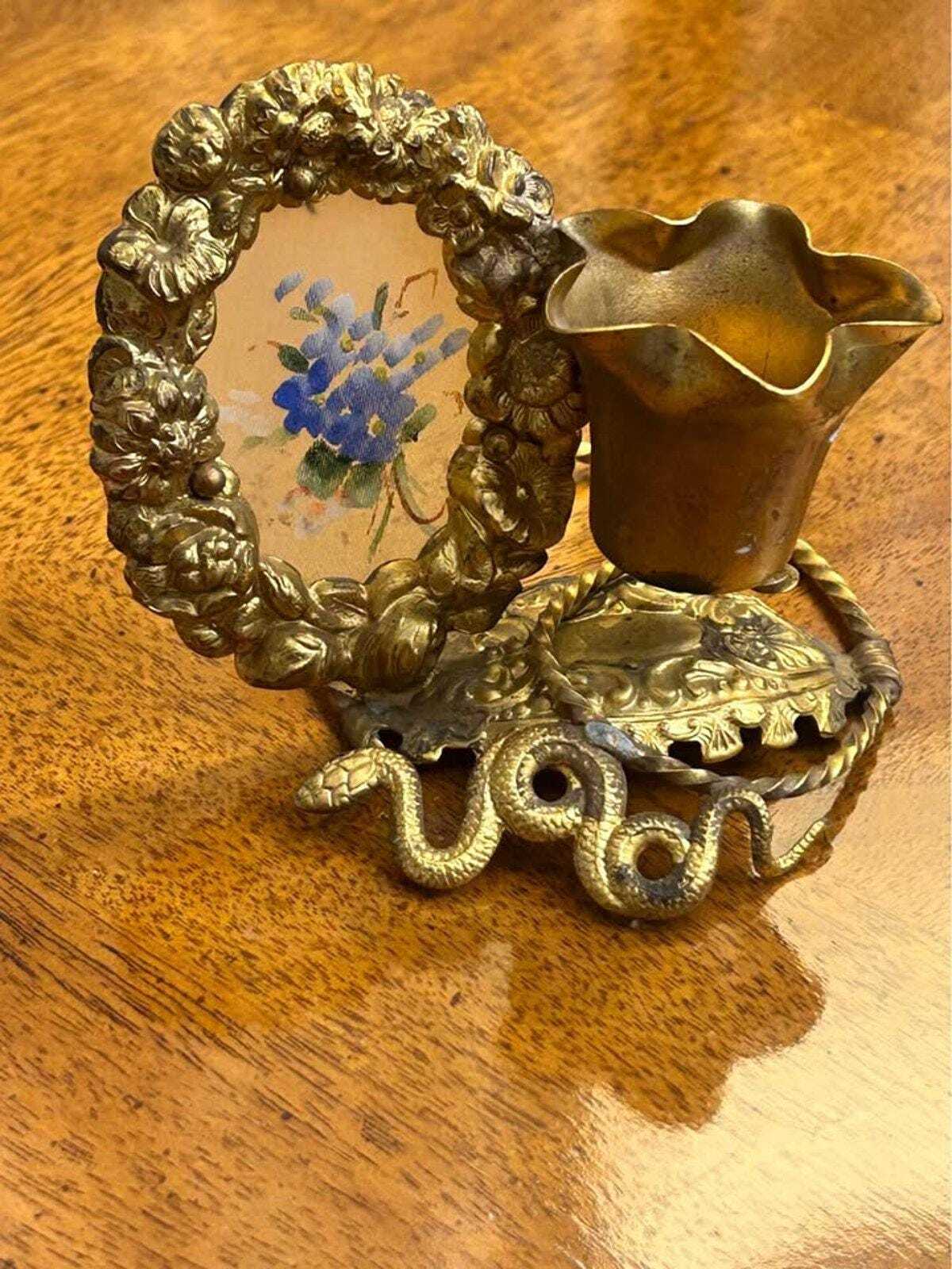 Antique Victorian Ormolu Brass Picture Frame and Spill Vase Desk Tidy with Serpent Motif