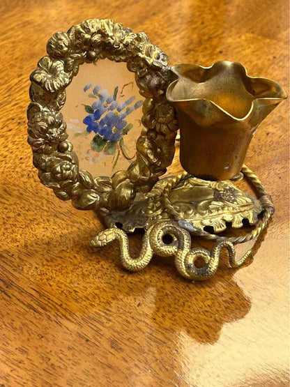 Antique Victorian Ormolu Brass Picture Frame and Spill Vase Desk Tidy with Serpent Motif