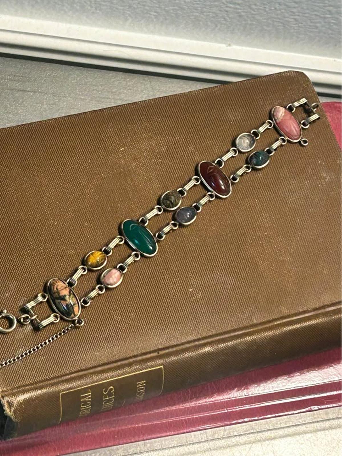 Vintage 12k Gold Filled Double Link Scarab Bracelet - Multi-Gemstone Egyptian with Safety Chain