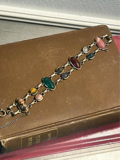 Vintage 12k Gold Filled Double Link Scarab Bracelet - Multi-Gemstone Egyptian with Safety Chain