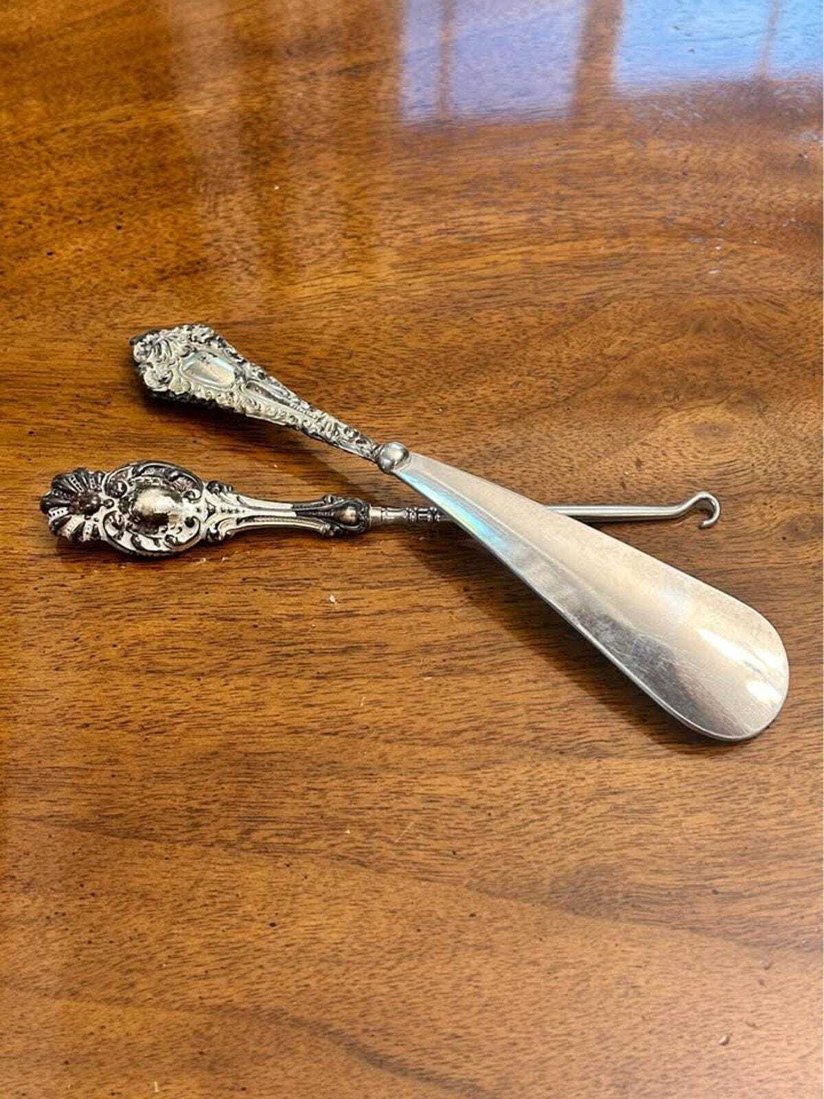 Antique Sterling Silver Repoussé Shoe Horn and Button Hook Vanity Set