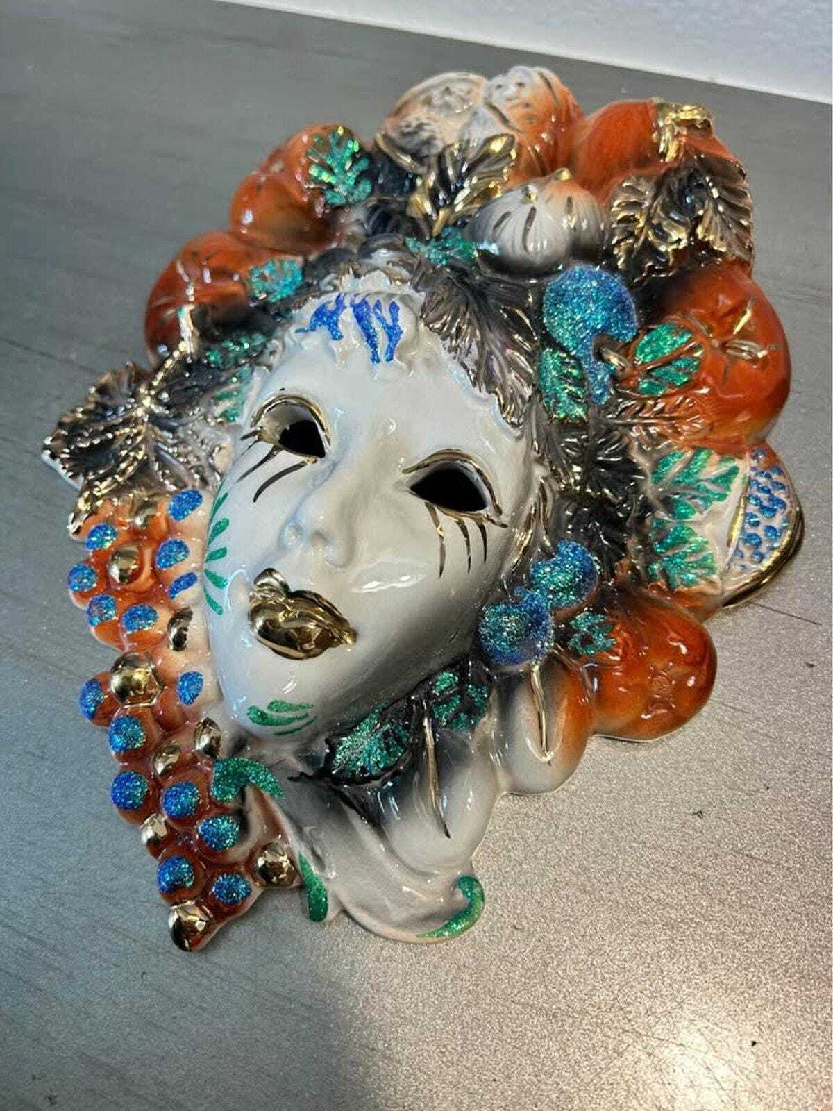 CLB 0073 M Italian Ceramic Wall Mask, Hand-Painted Fruit & Leaf Motif
