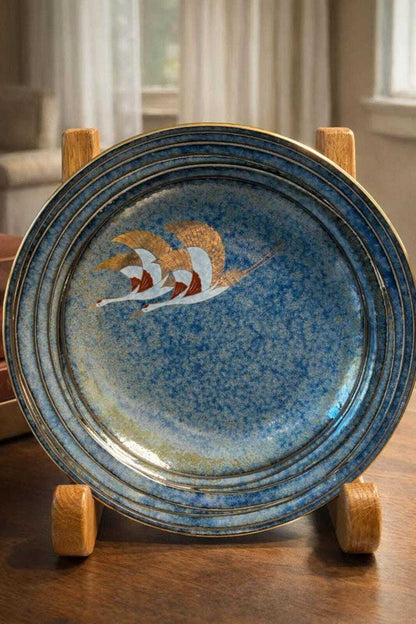 Vintage Japanese Blue Crane Plate – Gilded Flying Cranes, Gold Rim (8 Inch)