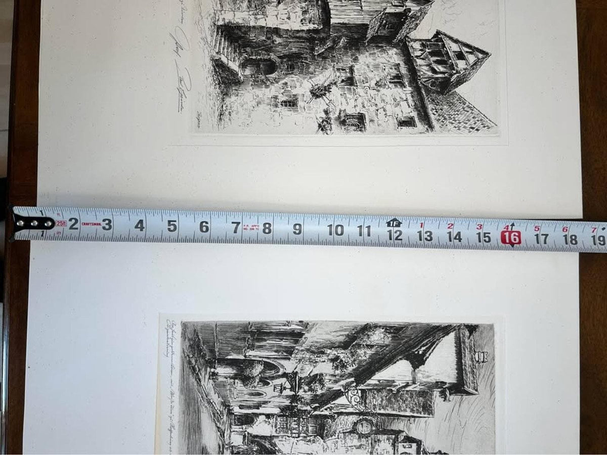 Antique Paul Geissler Original Pencil Signed Architectural Etchings Rothenburg and Nuremberg Pair