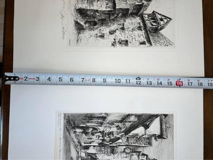 Antique Paul Geissler Original Pencil Signed Architectural Etchings Rothenburg and Nuremberg Pair
