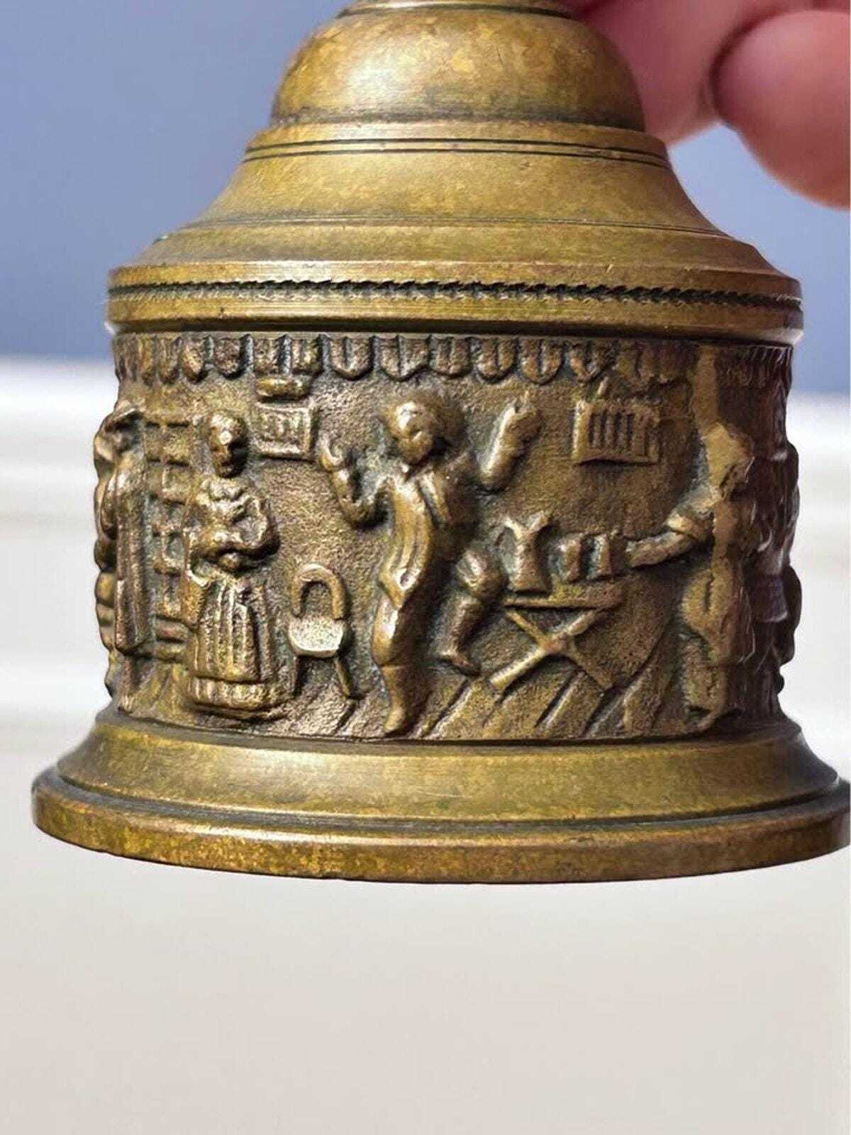 Vintage Cast Brass Tavern Scene Hand Bell with Wreath Handle