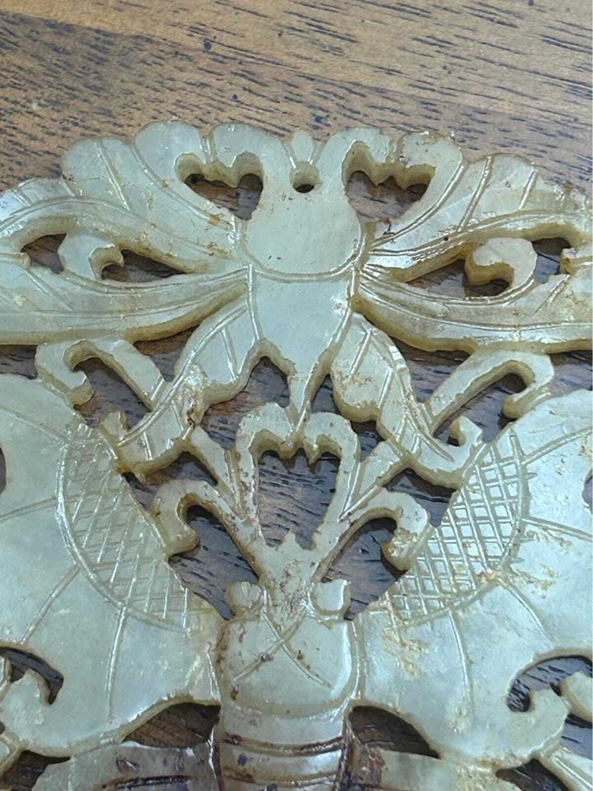 Vintage Chinese Carved Nephrite Jade Butterfly Medallion Plaque Russet Inclusions