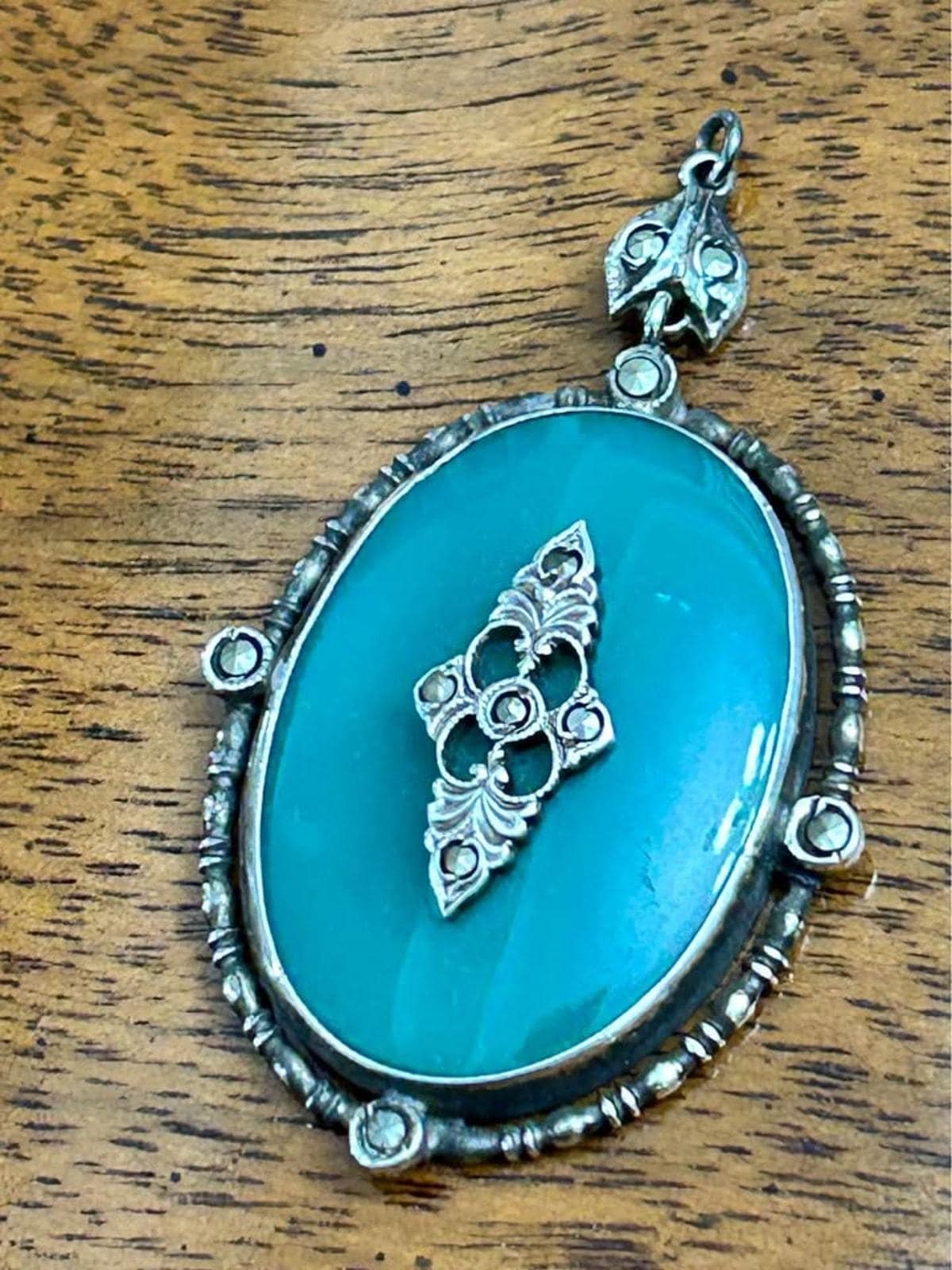Antique Art Deco Sterling Silver Green Chrysoprase Marcasite Pendant