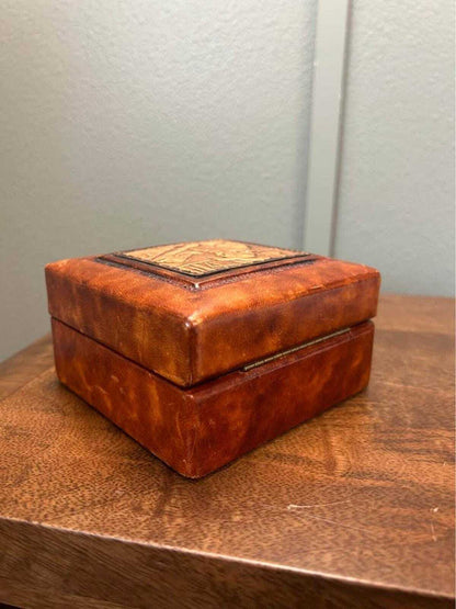 Vintage Italian Tooled Leather Trinket Box with Alchemist Bas-Relief