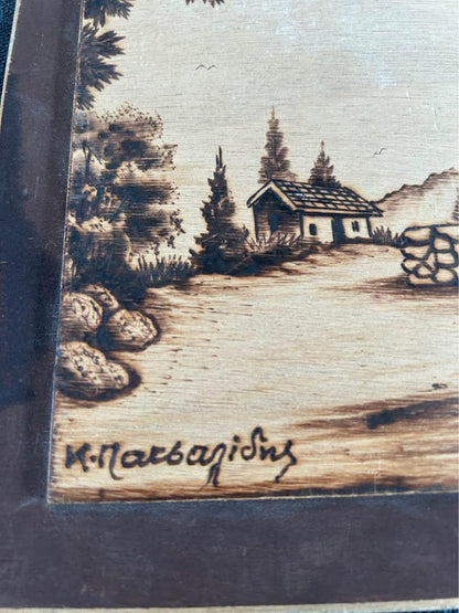 Vintage Lambousa Cyprus Pyrography Art Plaque – Lefkaritika Lace Scene, Signed K. Matsagides