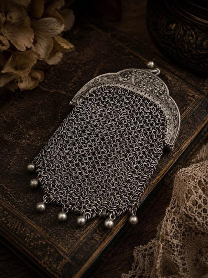 Antique Sterling Silver Chainmail Chatelaine Coin Purse With Repousse Frame