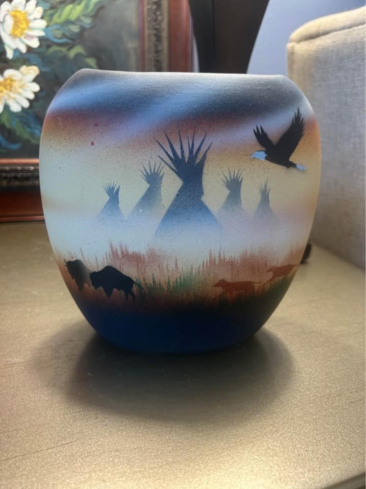 T. Blank Ome Signed Southwestern Pottery Vase - Hand-Painted Bison & Eagle Narrative