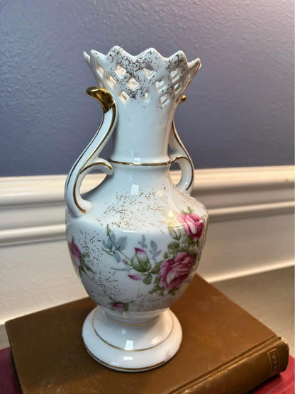 Vintage Norcrest Dresden Rose Vase - Pierced Rim & Gold Accents