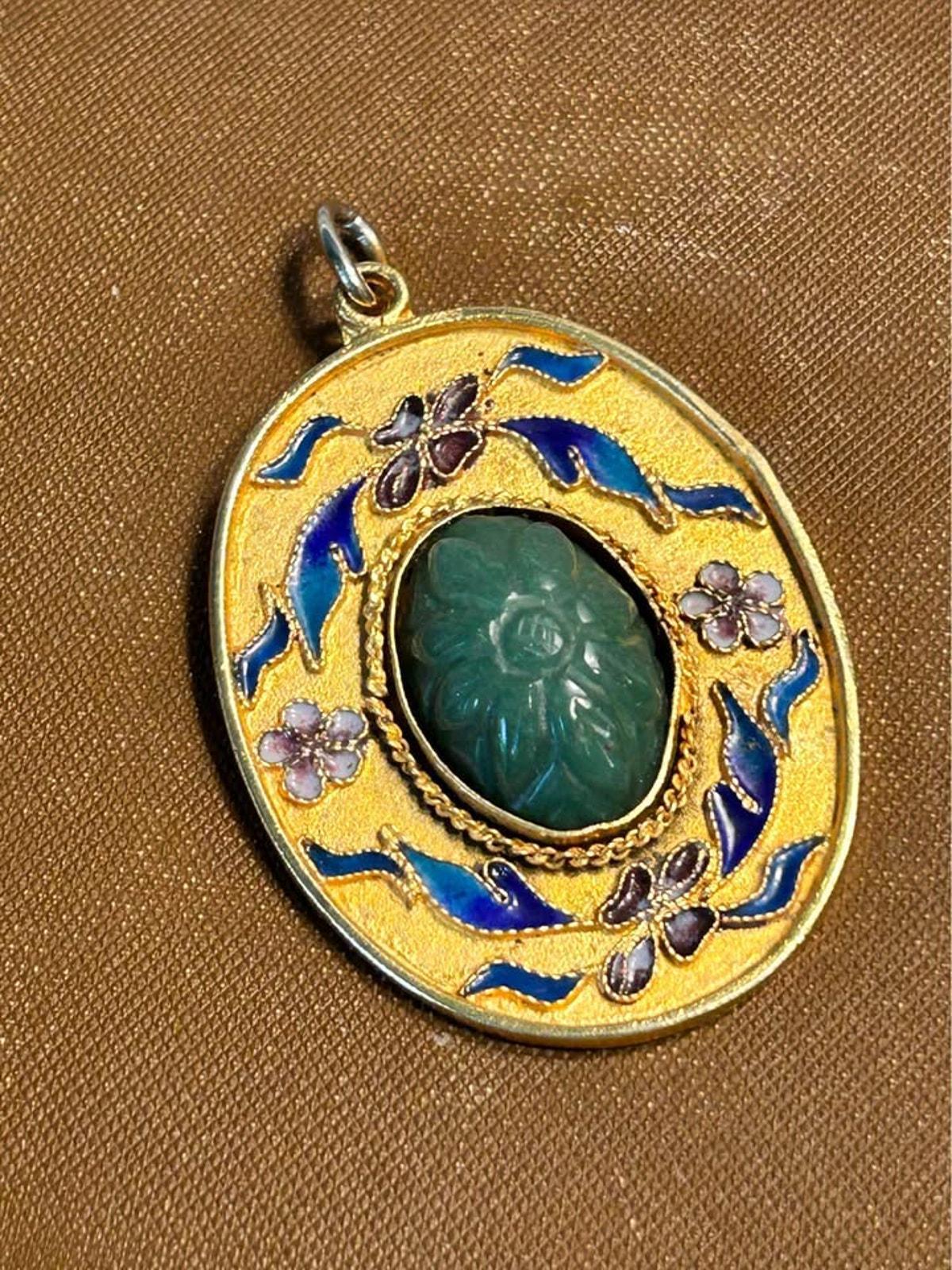 Vintage Chinese Export Carved Genuine Jade & Floral Enamel Brooch Pendant