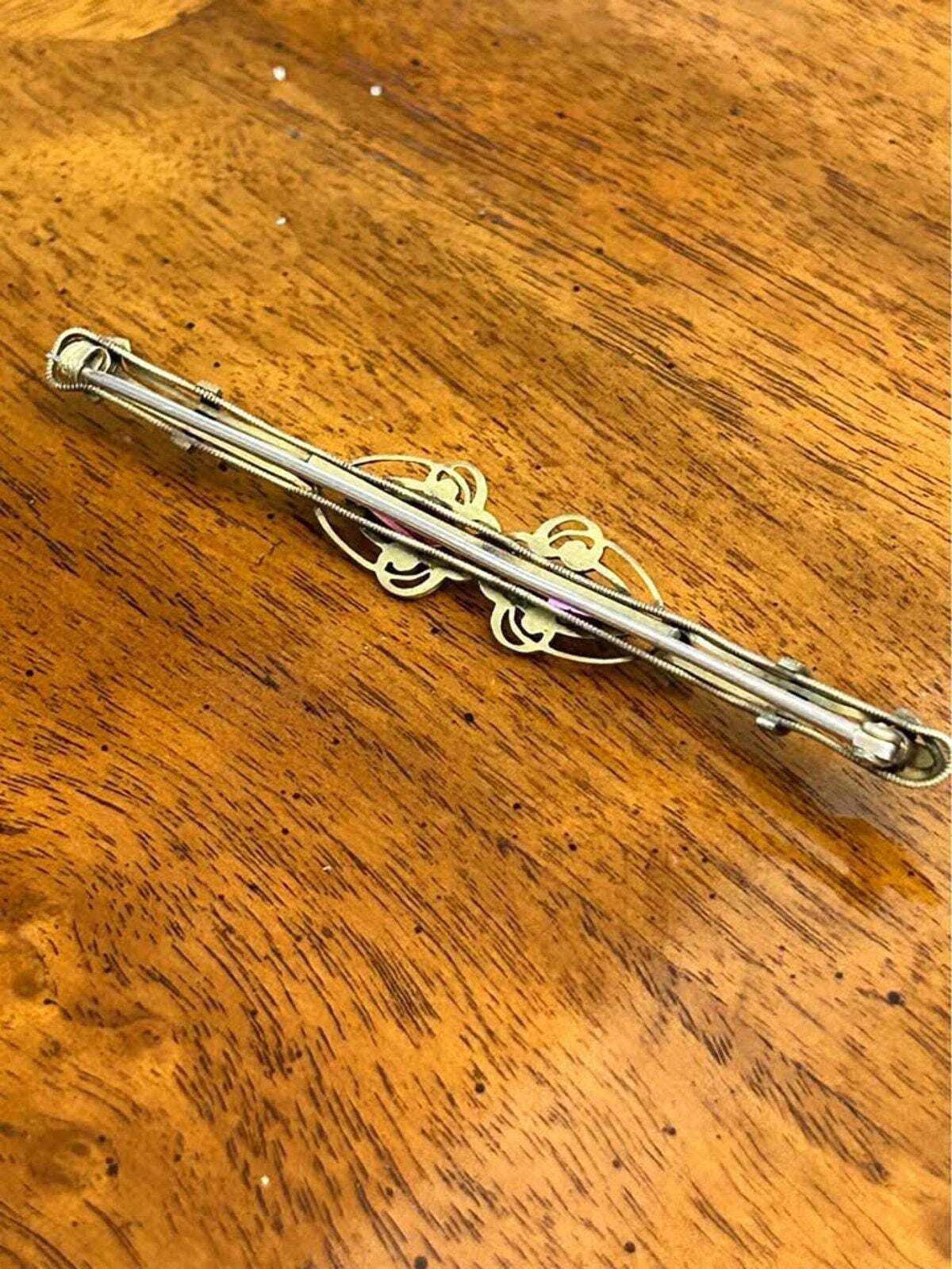 Antique Edwardian Gold Filled Wirework Bar Brooch with Red Coffin Cut Paste Stones
