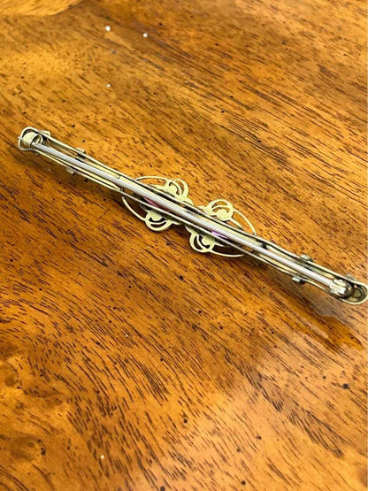 Antique Edwardian Gold Filled Wirework Bar Brooch with Red Coffin Cut Paste Stones