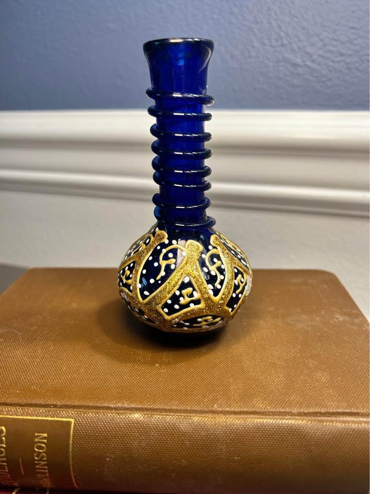 Vintage 1970s Bohemian Style Cobalt Blue & Gold Glass Miniature Vase