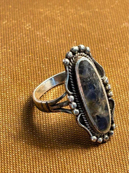 Vintage Sodalite 925 Sterling Silver Elongated Statement Ring Size 8