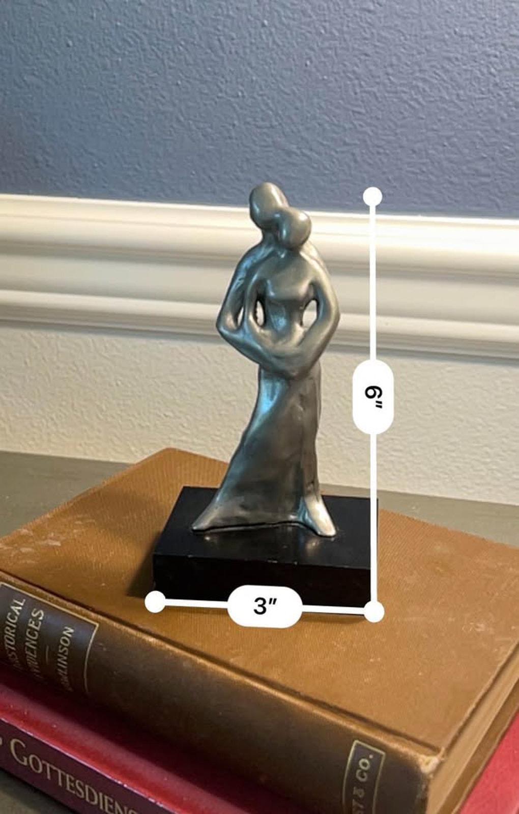 L. Chanin Abstract Pewter Couple Sculpture | Modernist Lovers Statue, Black Stone Base