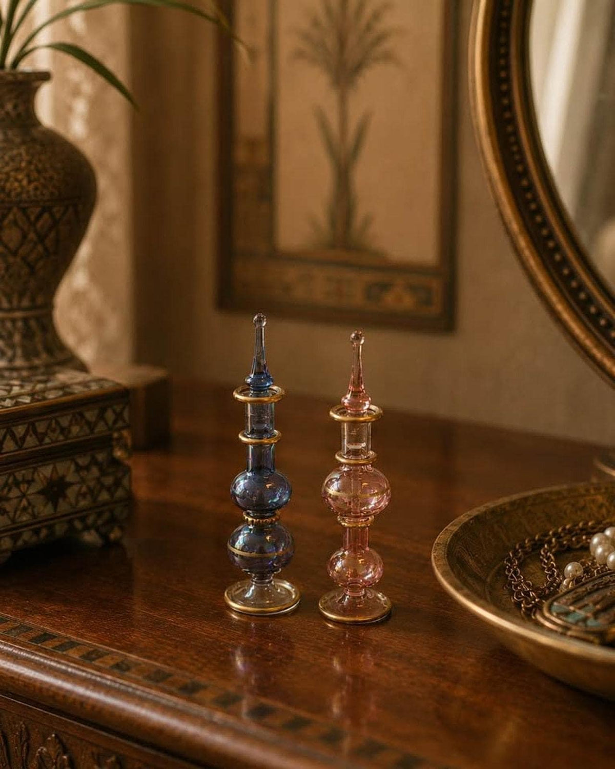 Vintage Egyptian Hand Blown Glass Perfume Bottles Gold Gilt Trim Set of Two