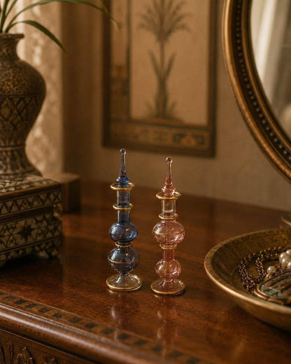 Vintage Egyptian Hand Blown Glass Perfume Bottles Gold Gilt Trim Set of Two
