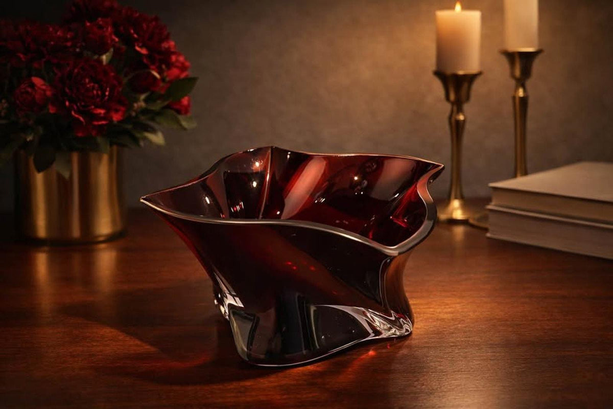 Vintage Konart Ruby Red Handblown Glass Centerpiece Bowl – Mid-Century Modern Swirl Art Glass