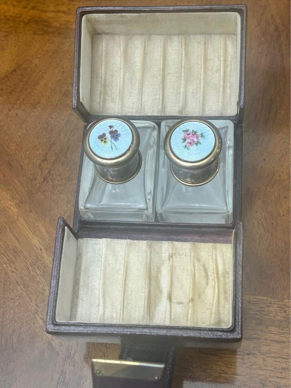 Antique Guilloche Enamel Double Scent Bottles with Leather Travel Case